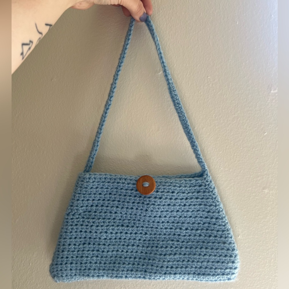 Handmade Baby Blue Crochet Bag with wooden button!